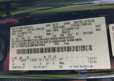 2021 Ford F-150 King Ranch из США, поврежденный, VIN 1FTEW1C81MFB01093